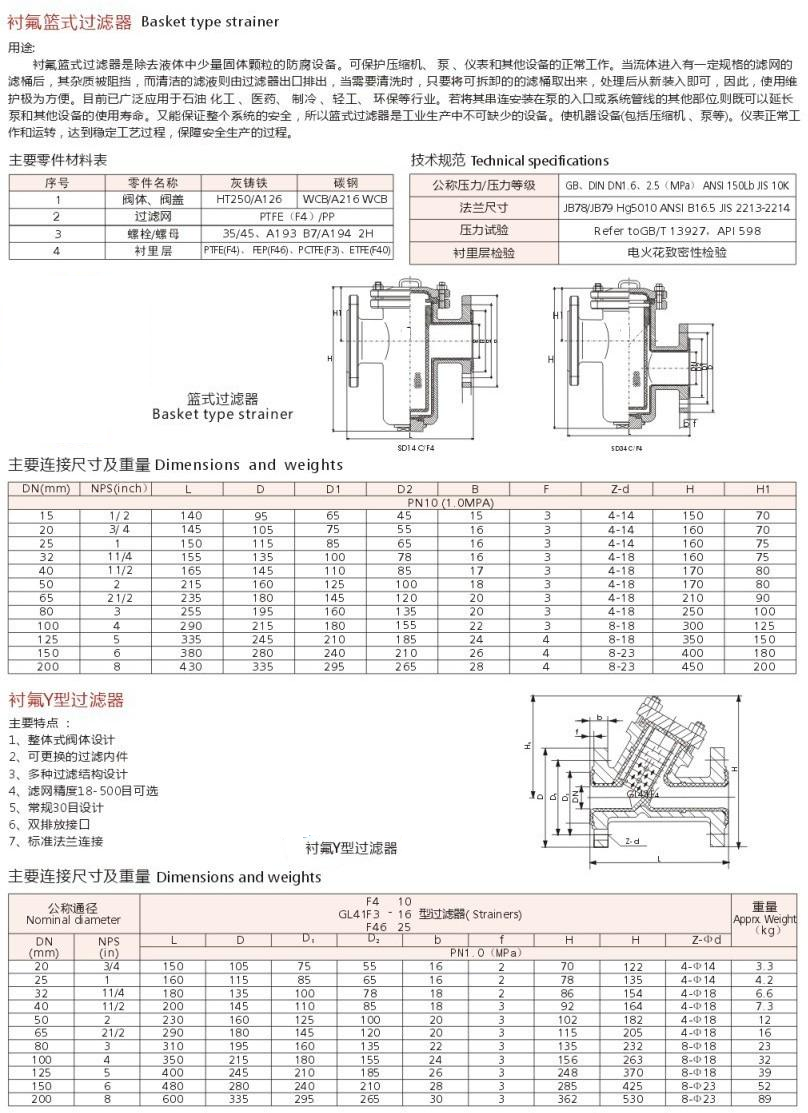 襯氟過濾器,襯氟藍式過濾器,襯氟Y型過濾器尺寸結構圖 襯氟過濾器,襯氟藍式過濾器,襯氟Y型過濾器尺寸結構圖